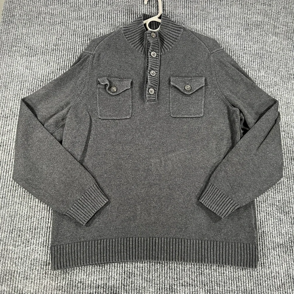 Banana Republic Sweater Mens Large Gray Long Sleeve Mock Neck 1/4 Button Up